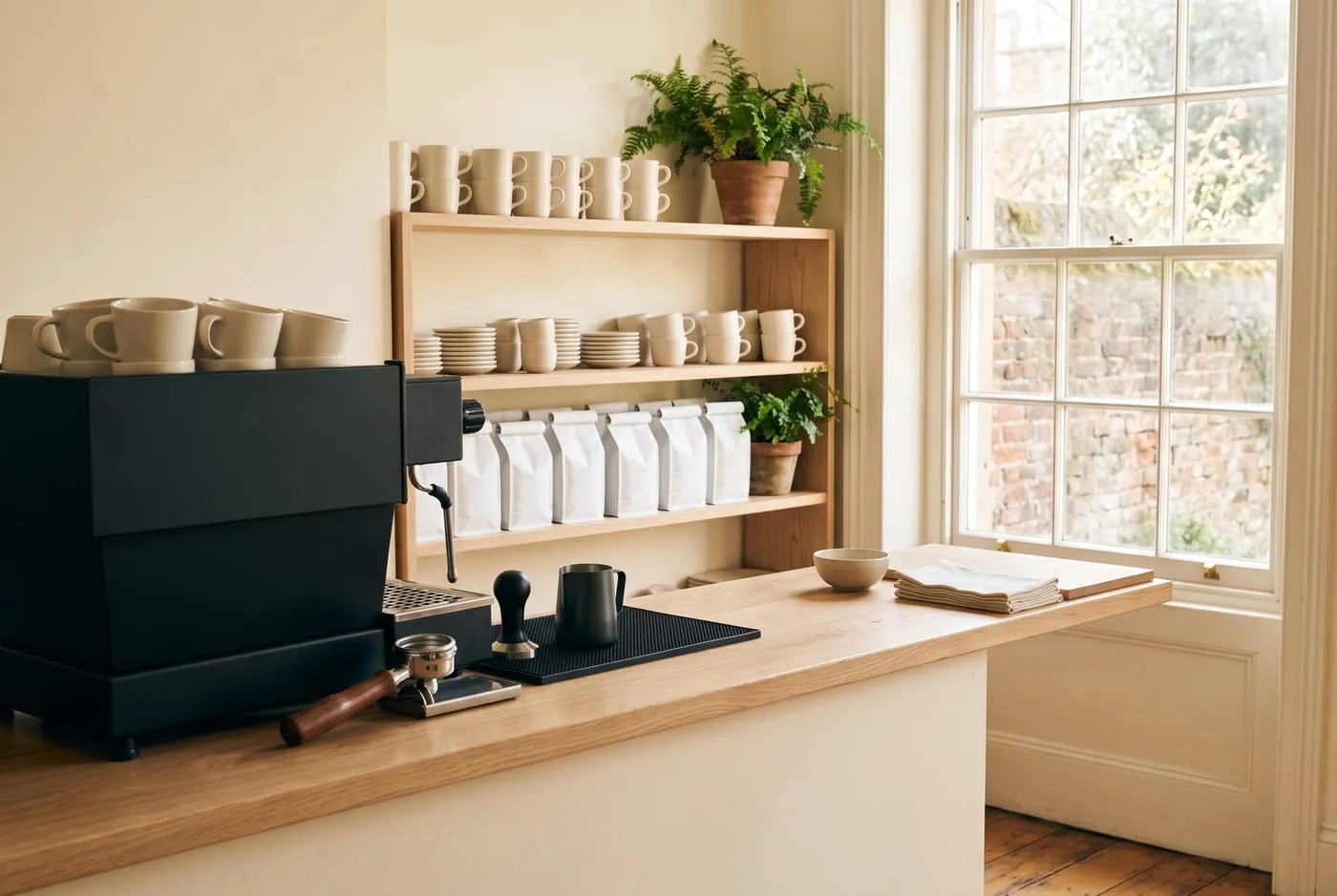 The cafe bar with wooden shelving and a bright window