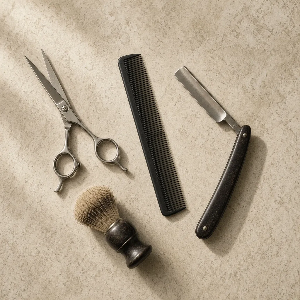Scissors, a comb, a straight razor and a shaving brush on a barber counter